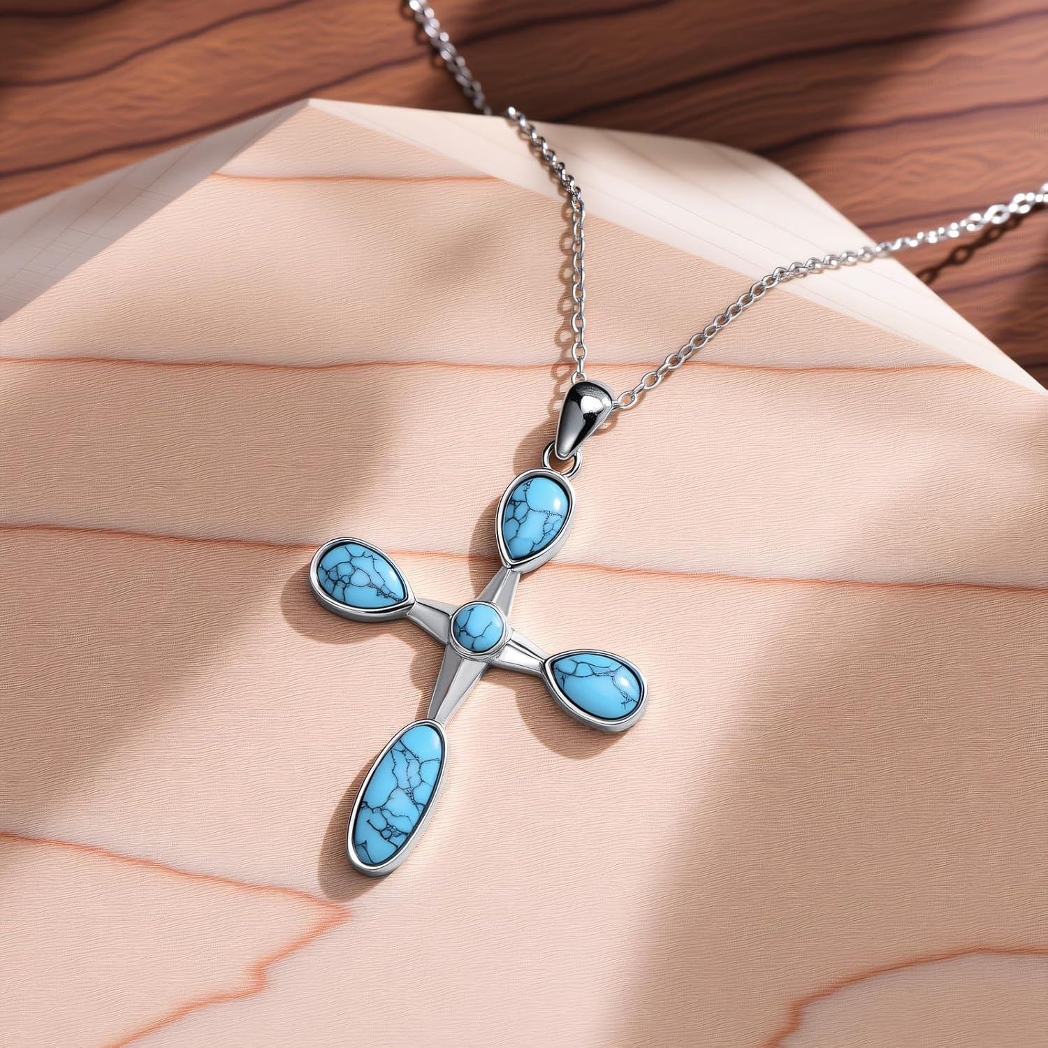 Sterling Silver Turquoise Pendant Cross Necklace Vintage Boho Victorian Jewelry Gift-0-5