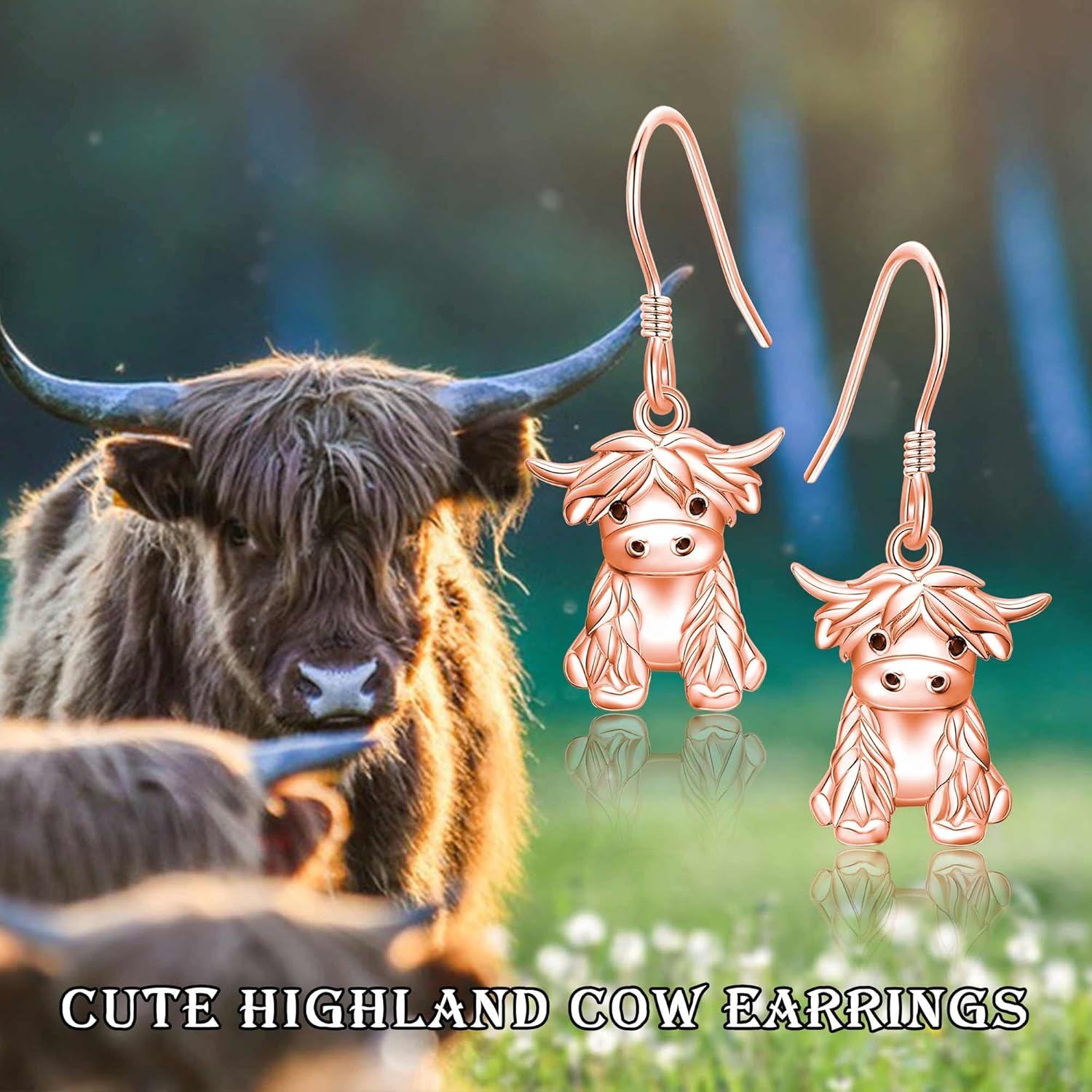 925 Sterling Silver Highland Cow Dangle Earrings with Rose Gold Plated and Natural Gemstone Accents-0-3