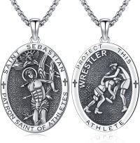 wholesale 925 Sterling Silver Oval St. Sebastian Wrestling Athlete Medal Pendant Necklace for Men-Wrestling