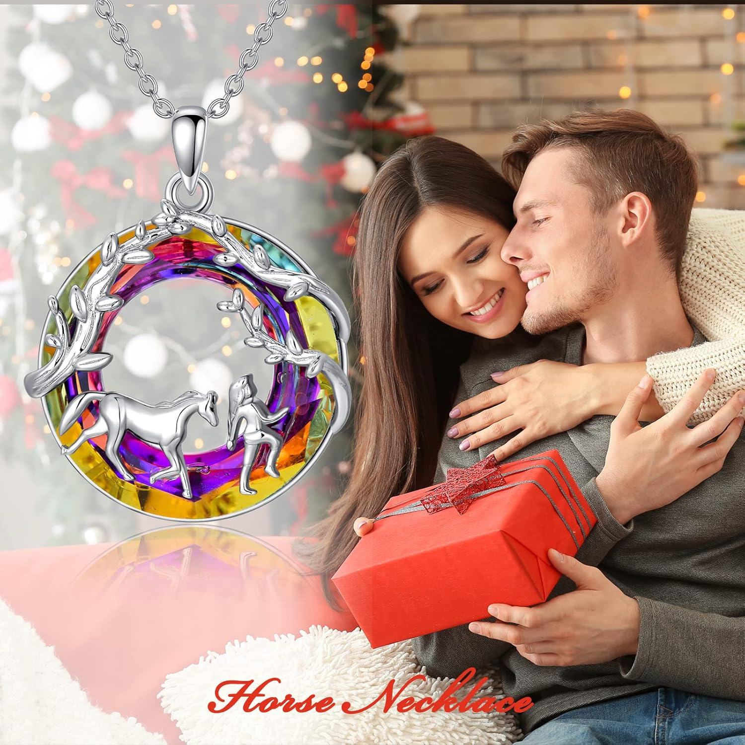 wholesale 925 Sterling Silver Rainbow Crystal Horse & Girl Pendant Necklace for Women-0-2