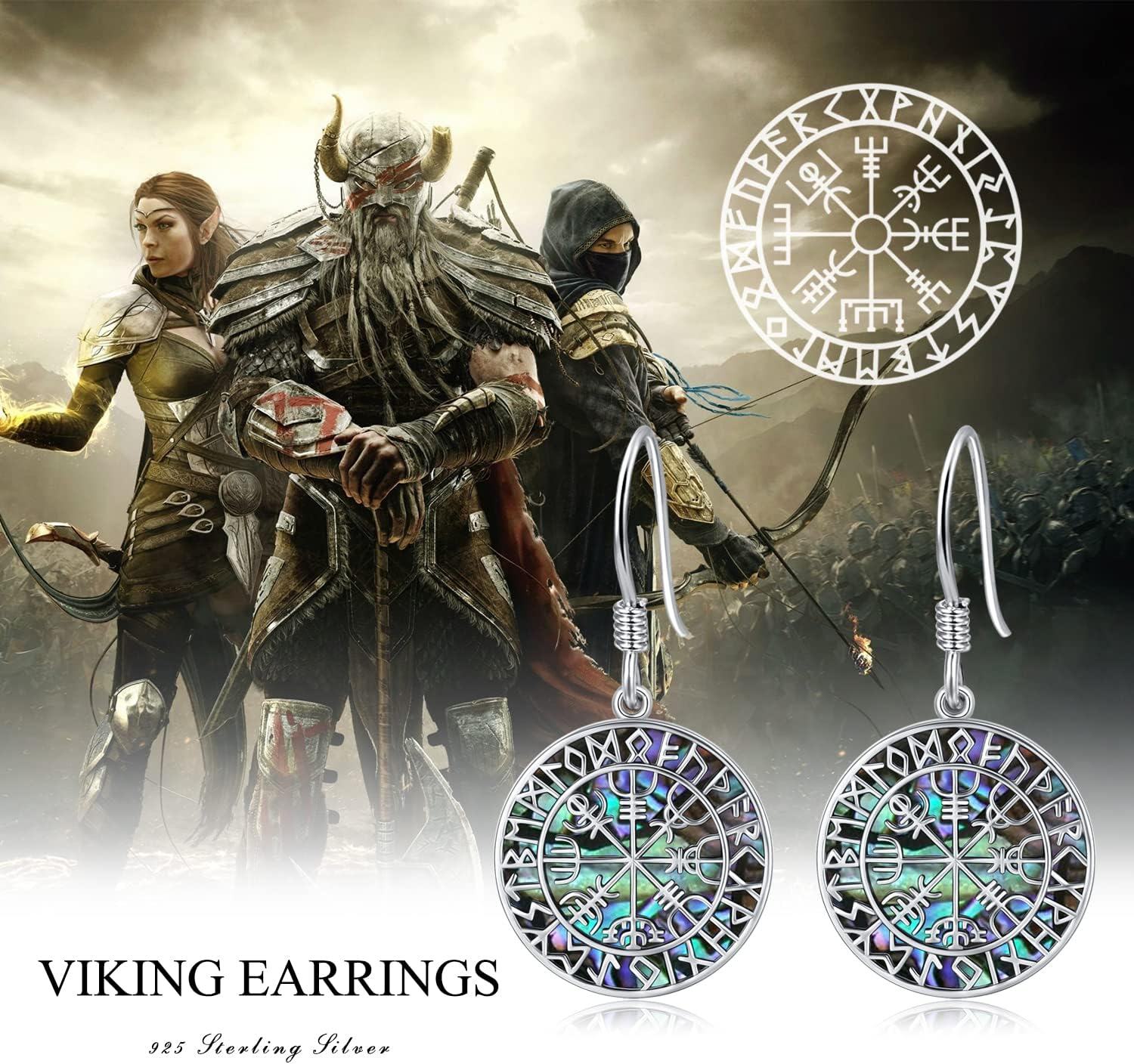 wholesale 925 Sterling Silver Norse Vegvisir Compass Dangle Earrings with Runes - Vintage Viking Style for Men & Women, Lucky Charm, Hypoallergenic, Gift Box-0-1