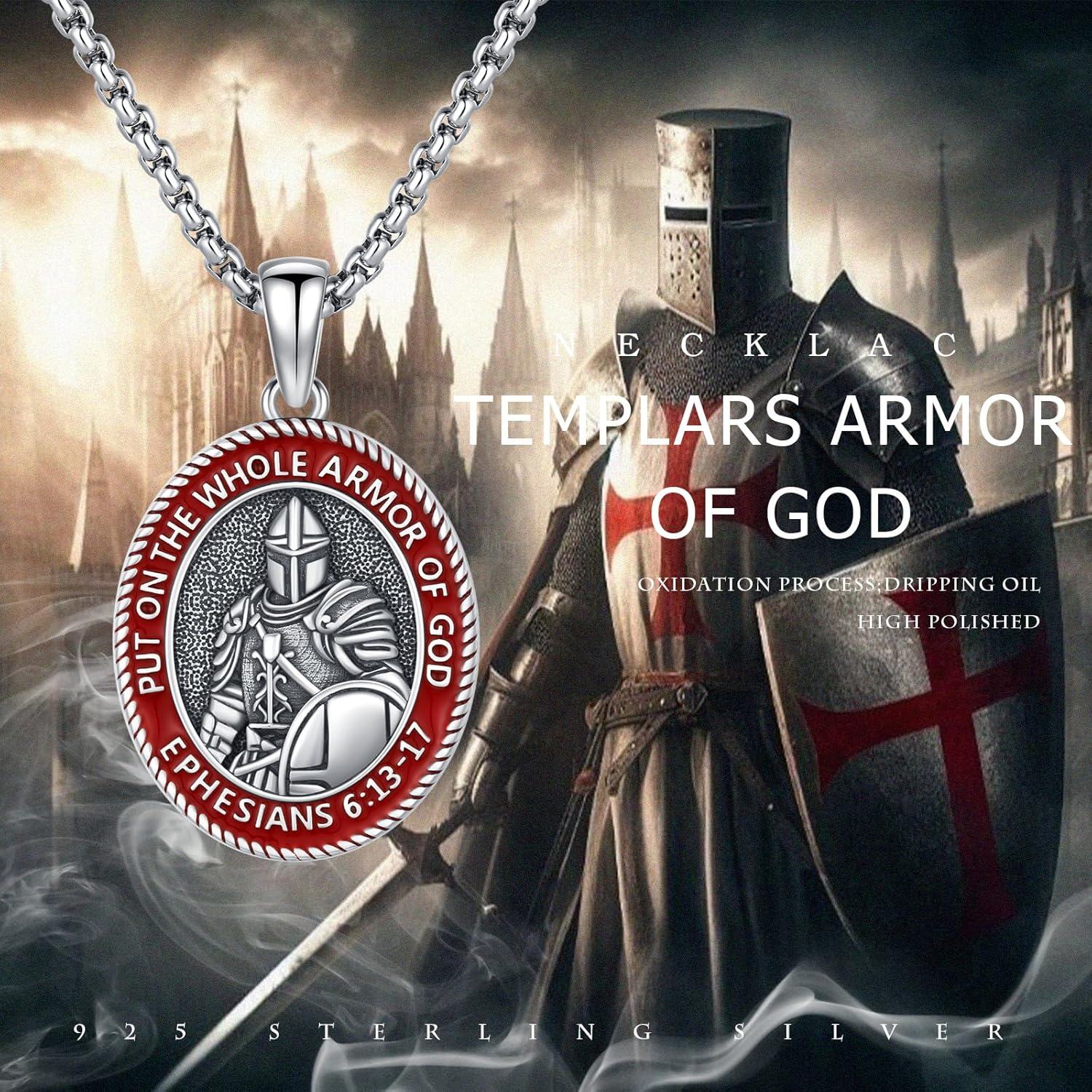 Sterling Silver Stone Saint George Shield Jesus Archangel Knight Templar Armor Pendant Necklace for Men-0-2