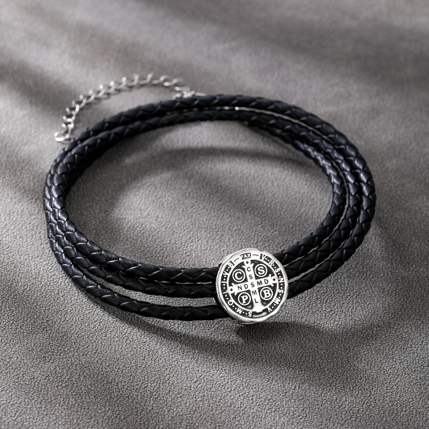 wholesale 925 Sterling Silver Black Leather Saint Benedict and Saint Jude Charm Bracelet Gift for Men-0-4