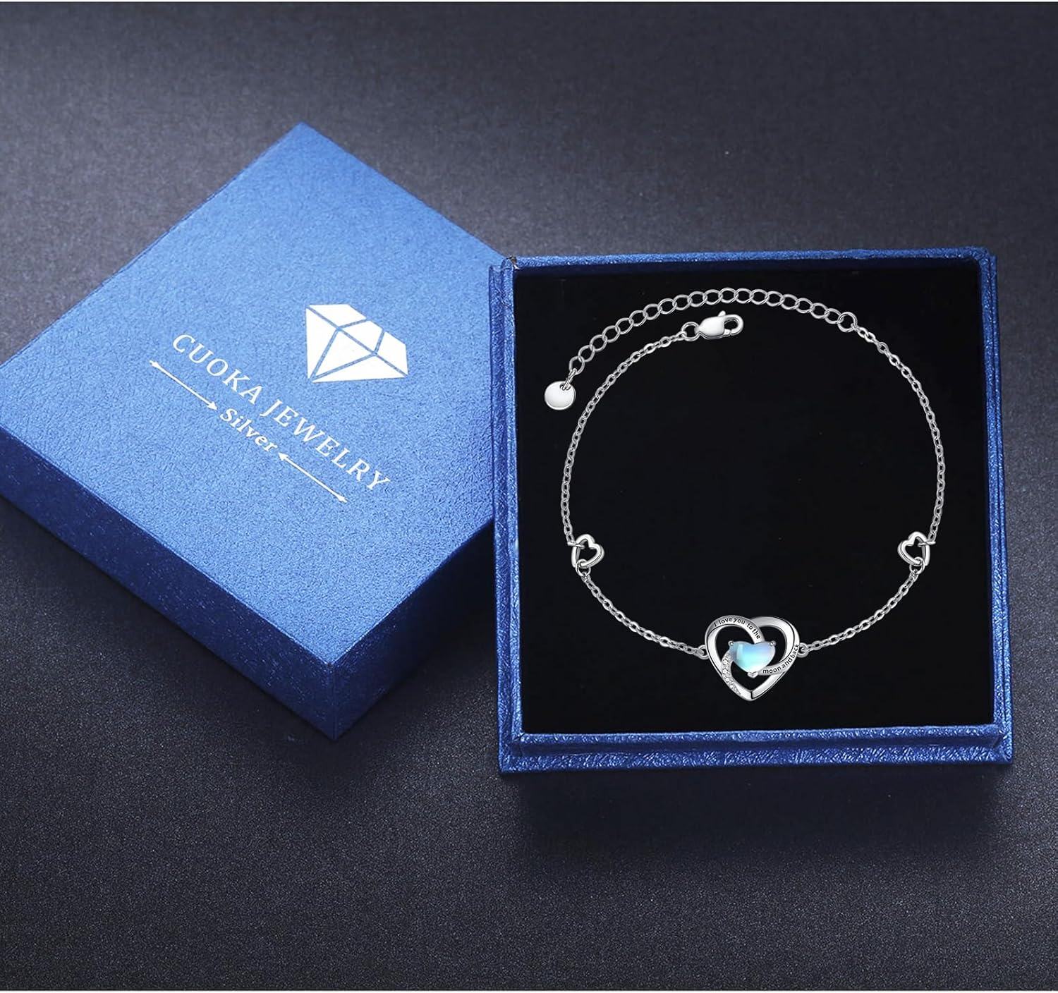 wholesale 925 Sterling Silver Blue Opal & Turquoise Heart Anklet - I love you to the moon and back Adjustable Valentines Day Gifts for Her-0-6