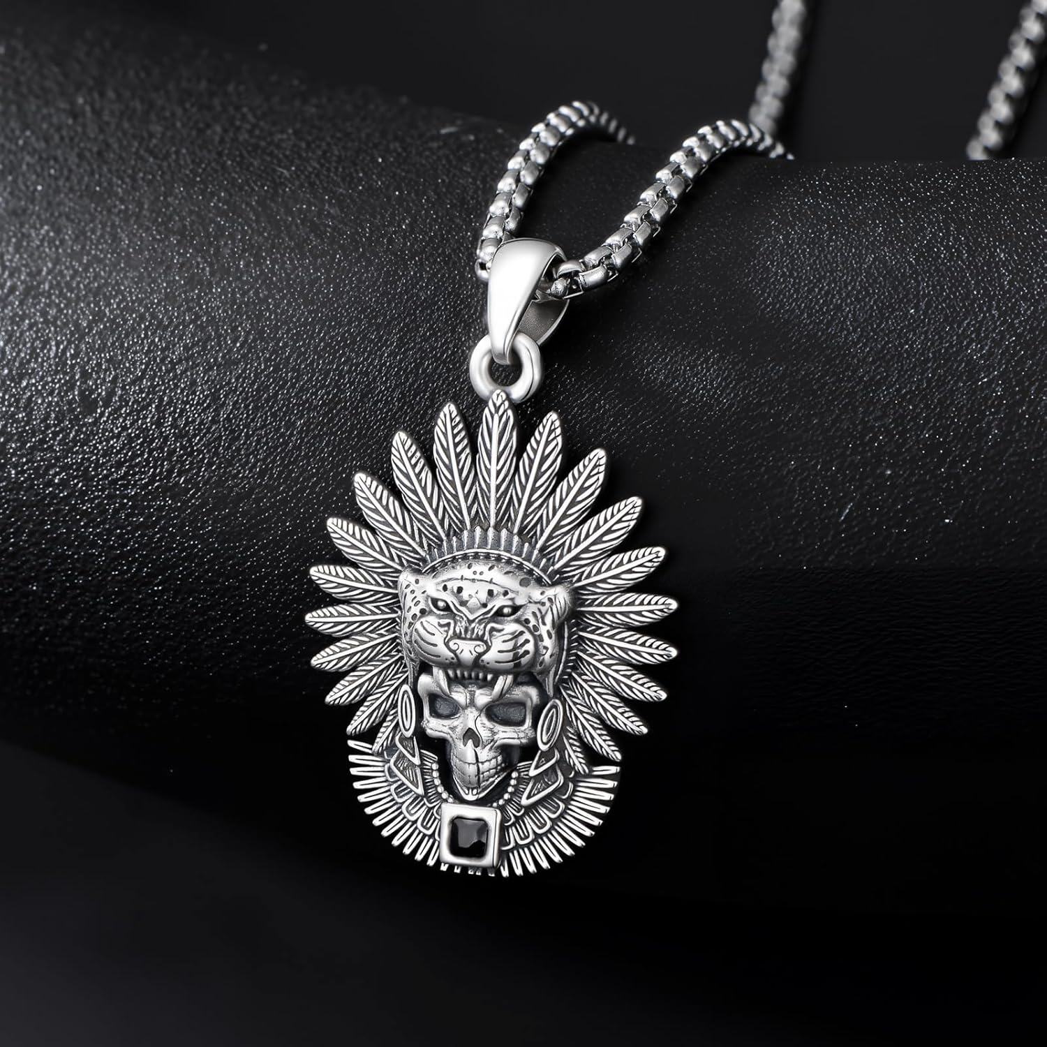 925 Sterling Silver Aztec Jaguar & Feather Pendant Necklaces for Men Women Gothic Tribal Ethnic Style Gift Jewelry 48 Chain Length-0-1