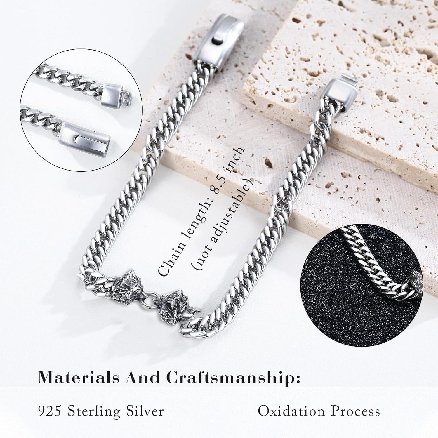 925 Sterling Silver 925 Cuban Link Chain Bracelet w/Wolf Head Clasp for Men Women - Punk Rock Style s-0-1