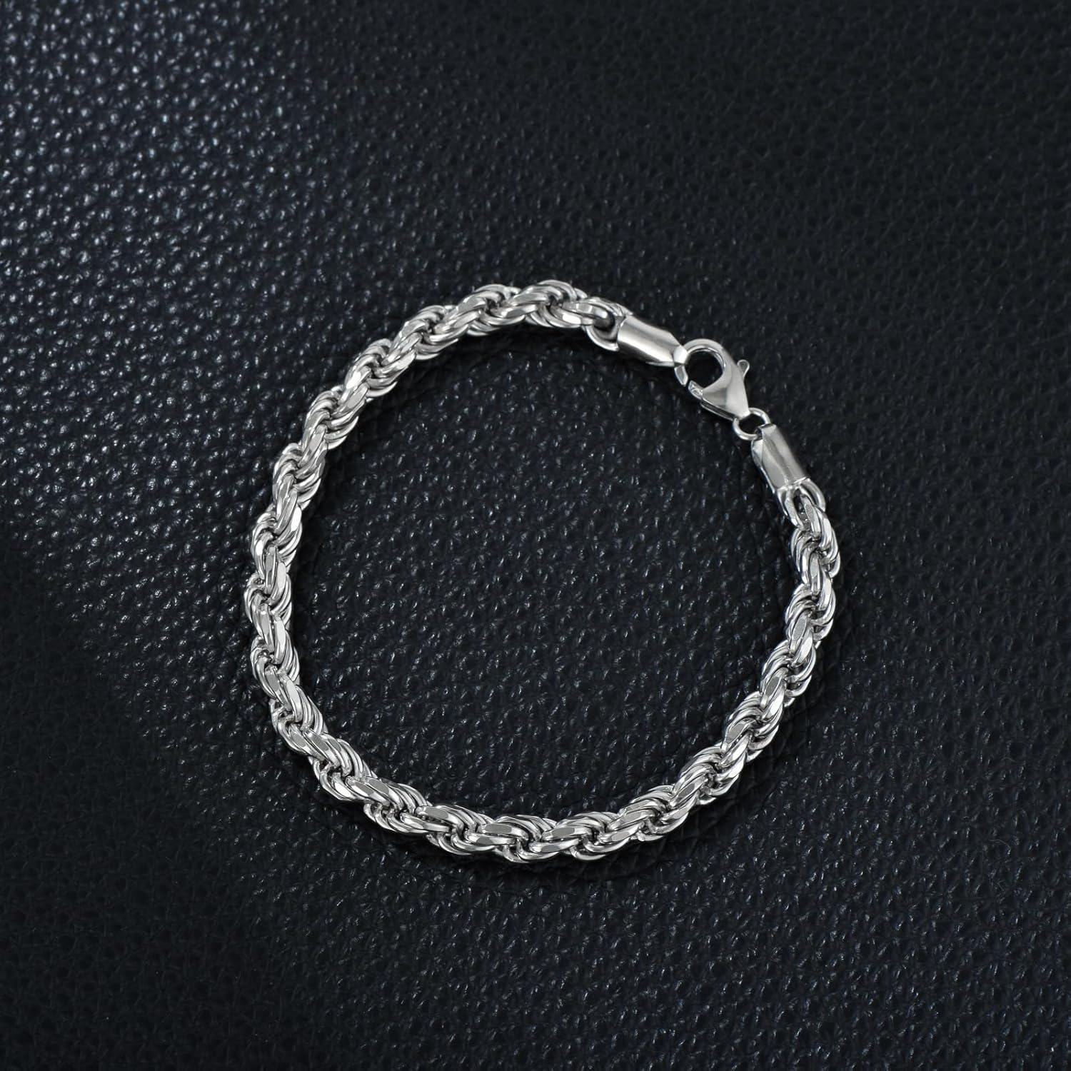 925 Sterling Silver Braided Rope Link Chain Bracelet for Men (7-9 inch) with Lobster Clasp-0-4