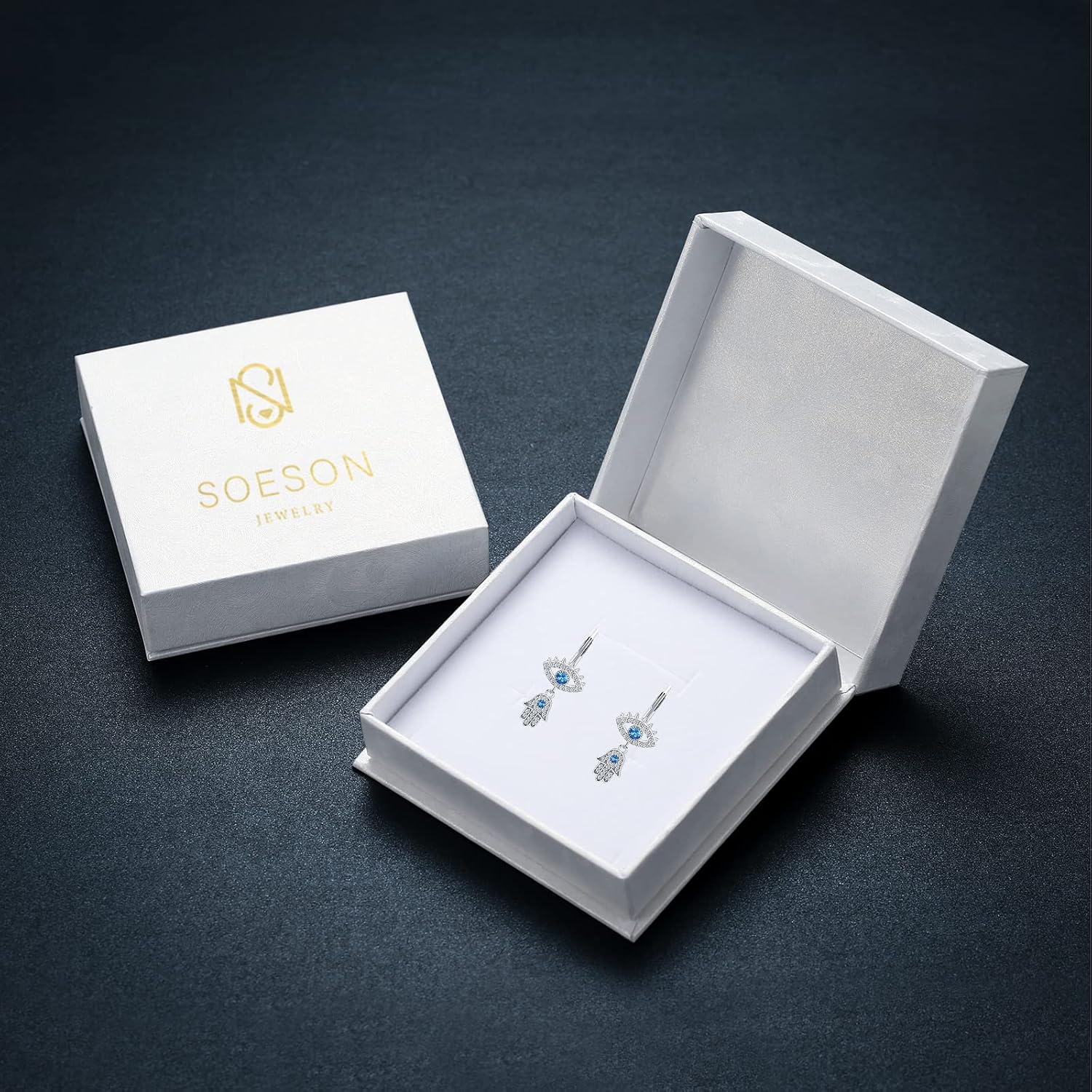 wholesale 925 Sterling Silver Blue CZ Evil Eye Hamsa Hand Drop Leverback Earrings-0-5