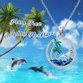 wholesale 925 Sterling Silver & Birthstone Dolphin Pendant Necklace with Palm Tree Ocean Wave, 20x20mm, 18+2 Adjustable Chain-0-1