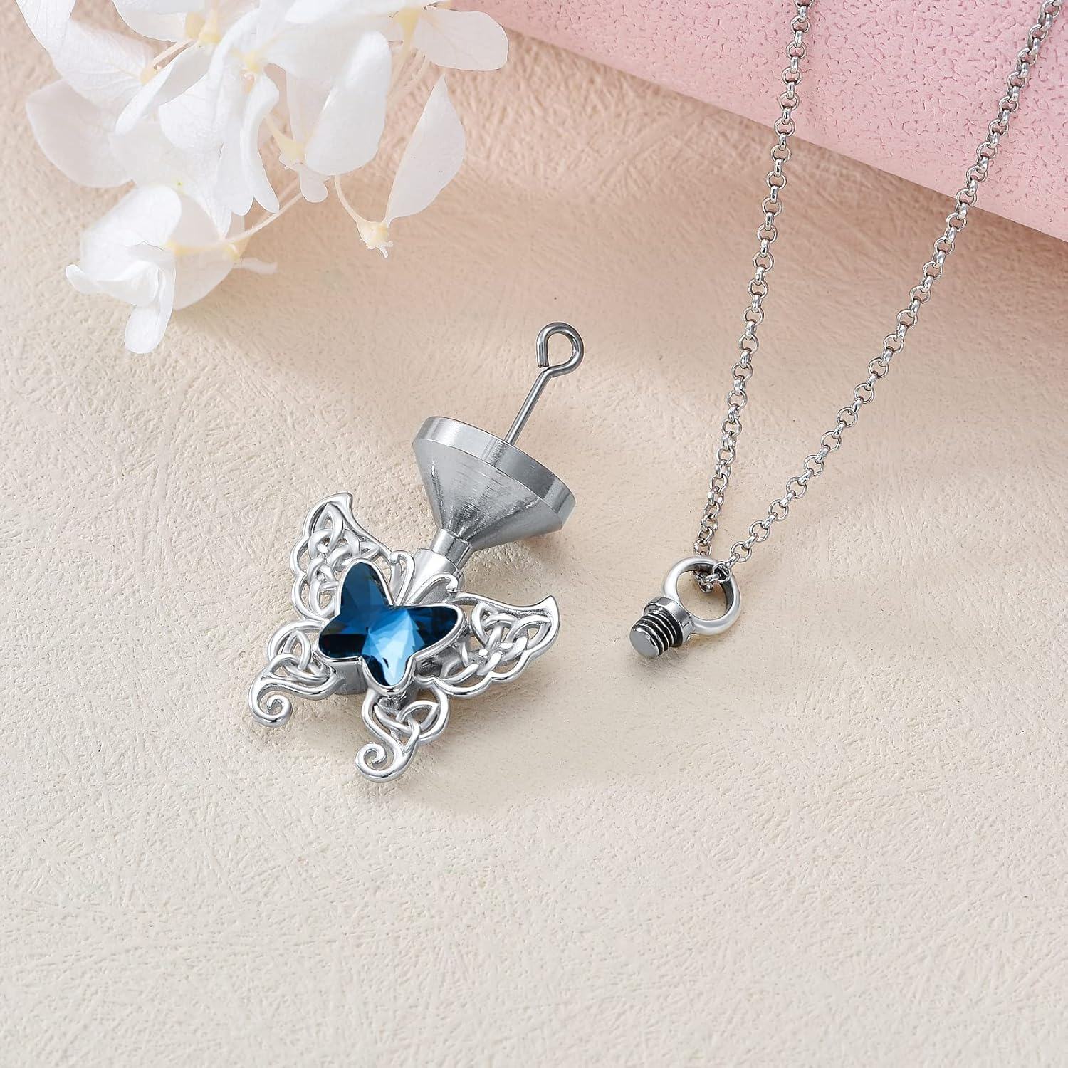 925 Sterling Silver Blue Crystal Butterfly Wing Keepsake Pendant Necklace w/Filler Kit-0-4