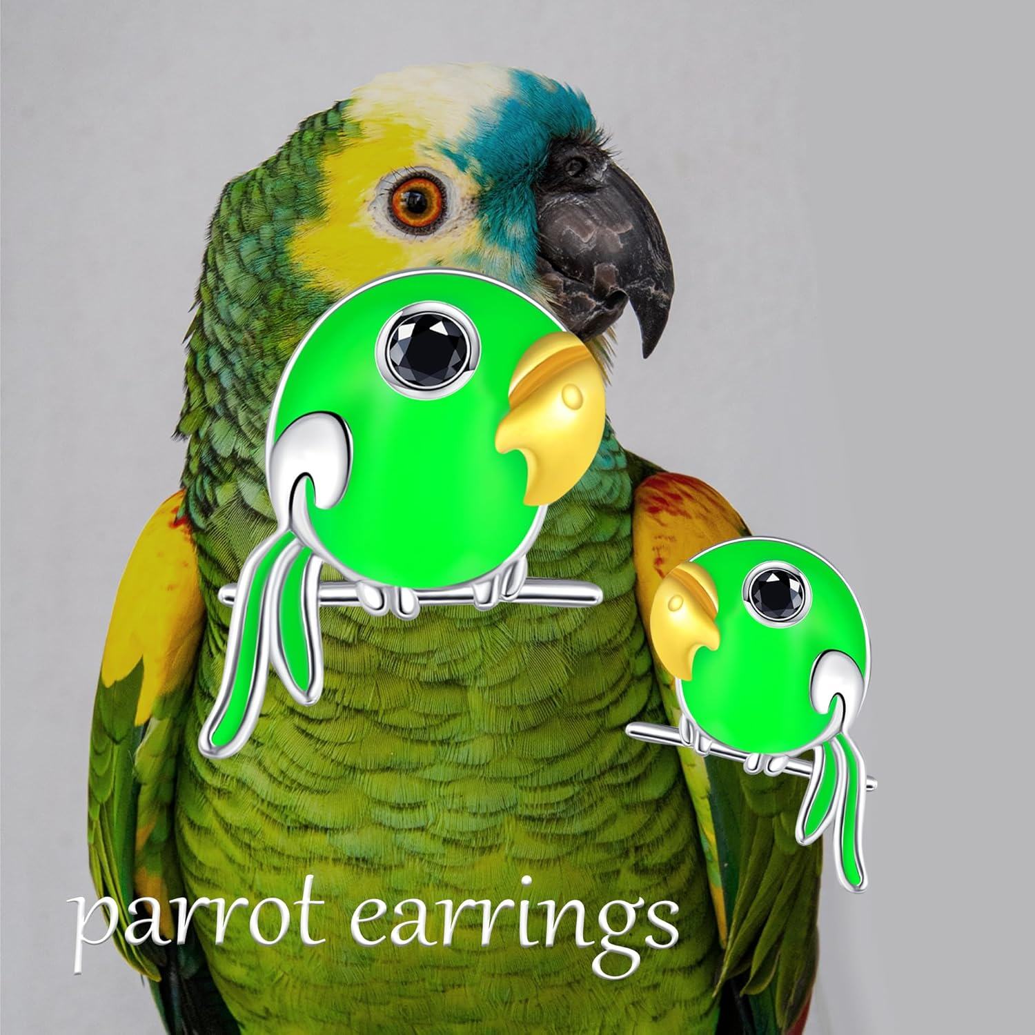 wholesale 925 Sterling Silver Metal Green Bird Stud Earrings with Black Rhinestone Eyes and Gold Beak-0-3