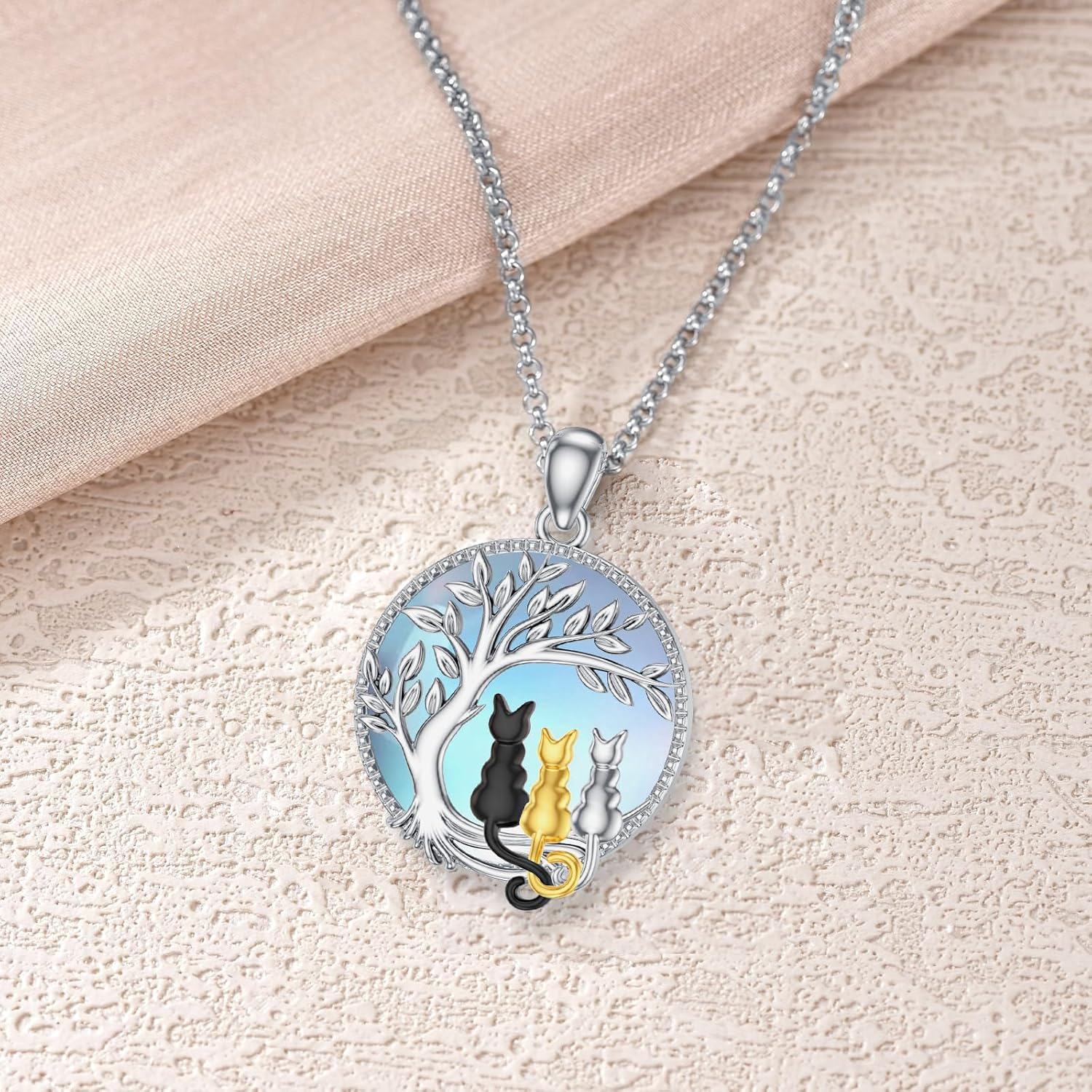 wholesale 925 Sterling Silver Moonstone Tree of Life Cats Pendant Necklace for Women Mom Wife Cat Lovers Gift-0-2