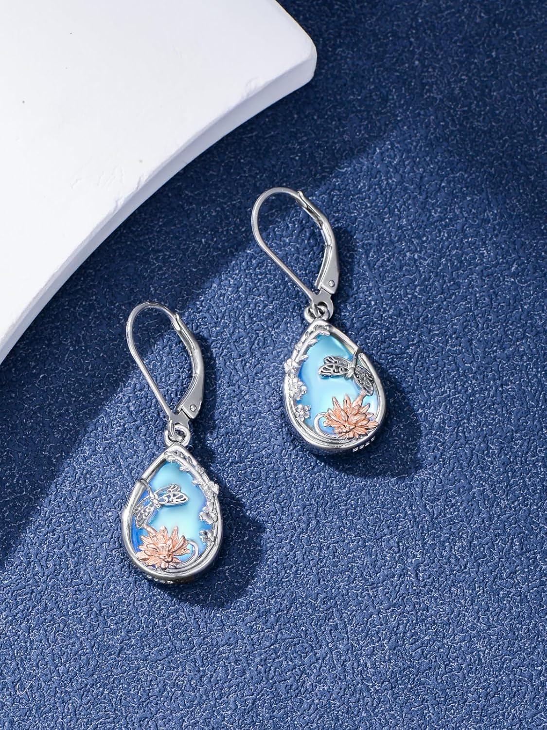 925 Sterling Silver Moonstone Butterfly Lotus Filigree Teardrop Dangle Leverback Earrings-0-3
