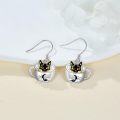 wholesale 925 Sterling Silver Black Cat in Cup with Crescent Moon Dangle Drop Earrings for Cat Lovers-0-2