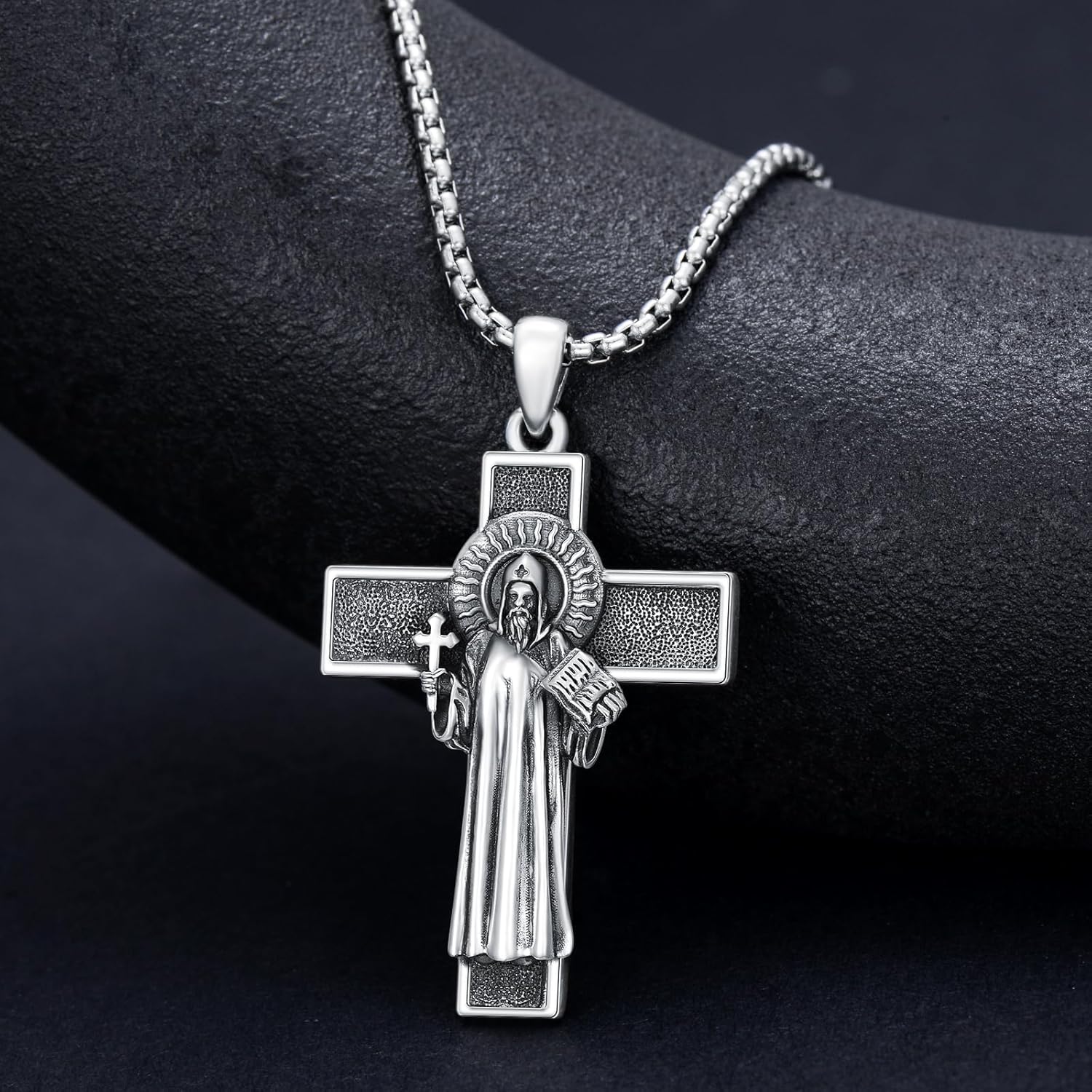 wholesale 925 Sterling Silver Saint Benedict Cross Pendant Necklace with Stainless Steel Chain with Chain - Religious Protection Charm Jewelry for Men-0-2
