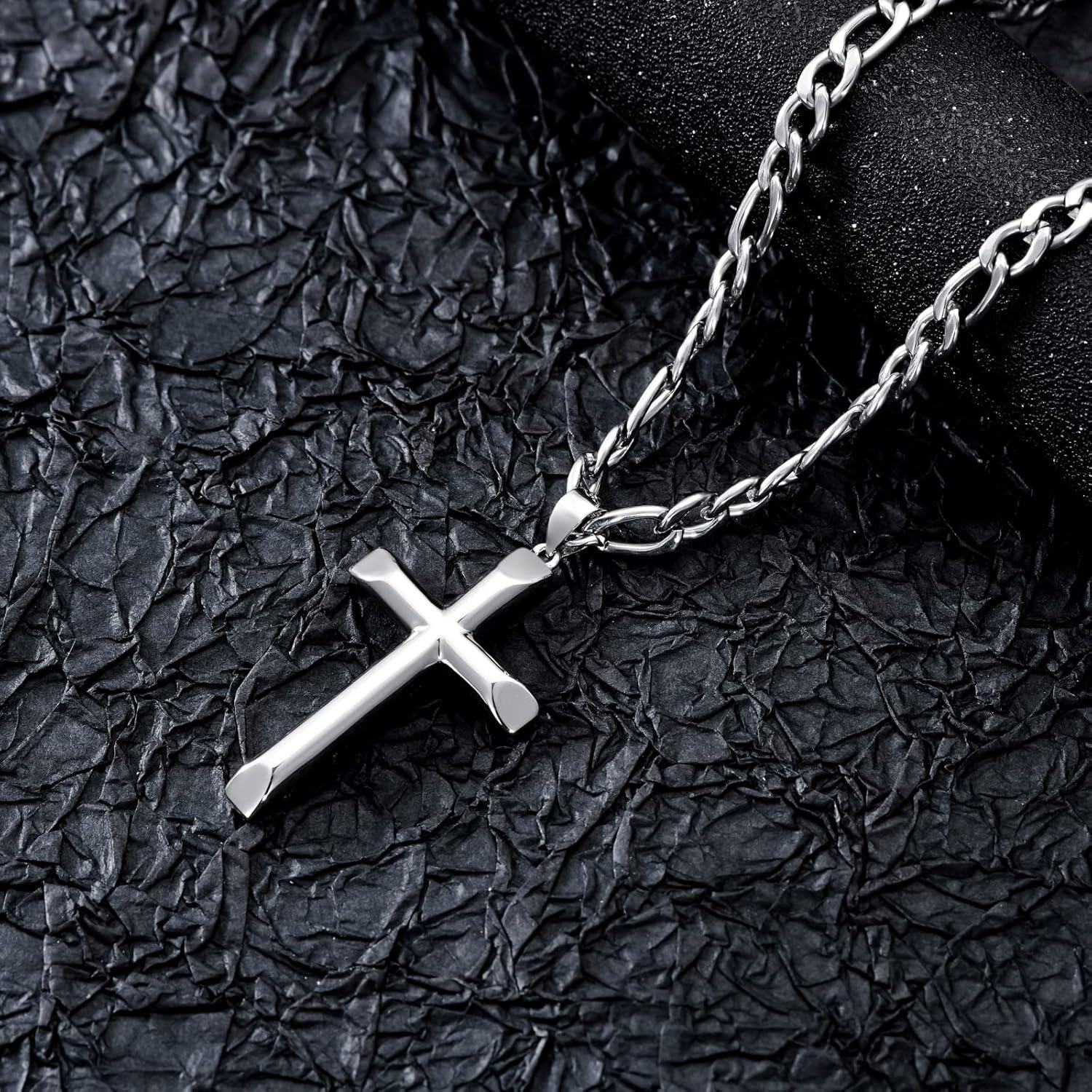 wholesale 925 Sterling Silver Beveled Edge Cross Pendant Necklace for Men Women - 4mm Box Chain  Set-0-2