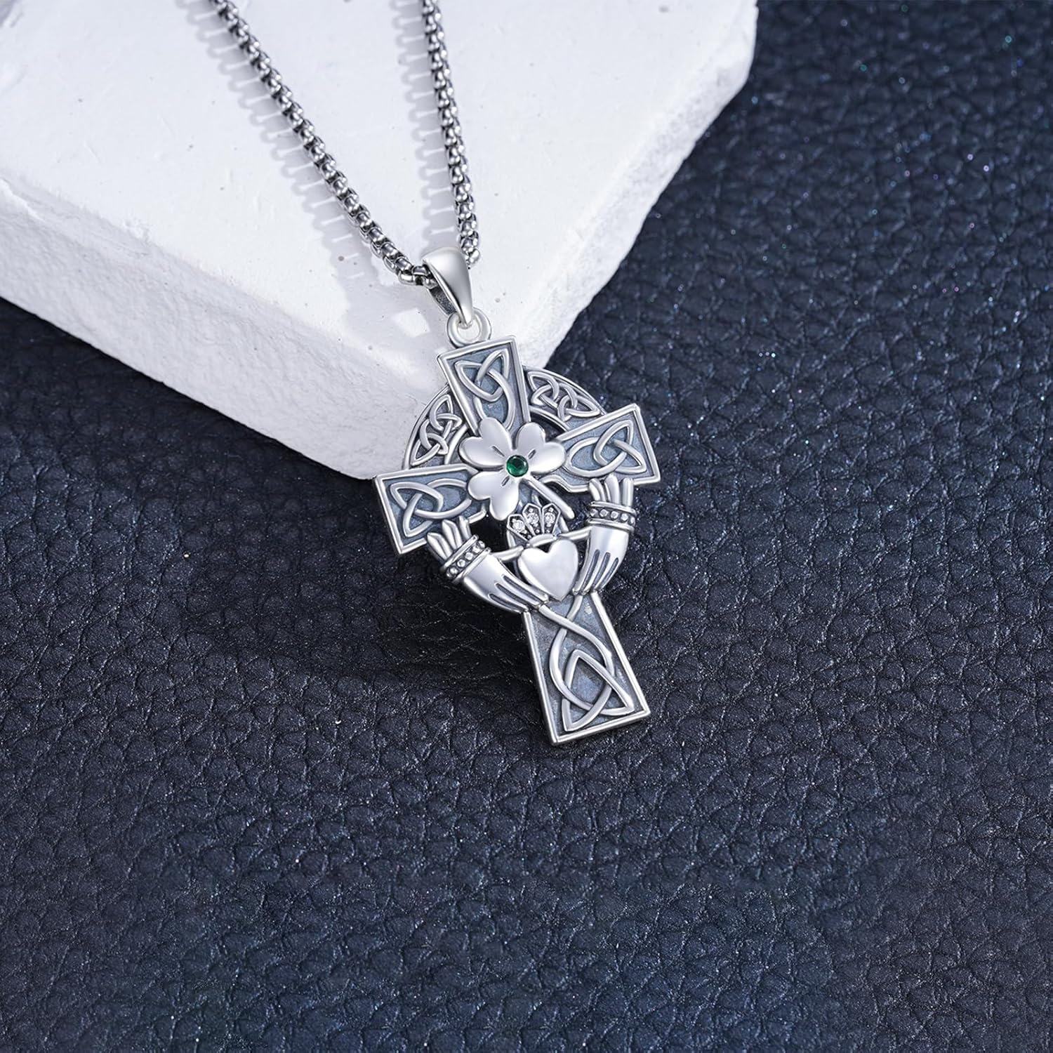 925 Sterling Silver Celtic Cross Pendant with Green Emerald and Trinity Knots - Mens Womens Christian Religious s-0-1