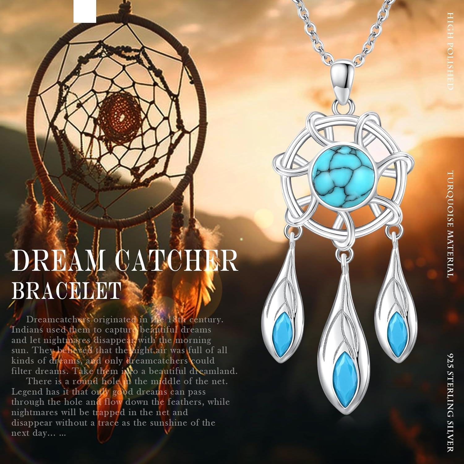 wholesale 925 Sterling Silver Turquoise Dreamcatcher Pendant Necklace with Feathers Bohemian s for Her-0-5