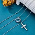 wholesale S925 Sterling Silver & 14K Gold Plated Cross Layered Necklace with Blue Crystal & Beads, 14-18 Inch, Hypoallergenic, Gift for Women-0-4