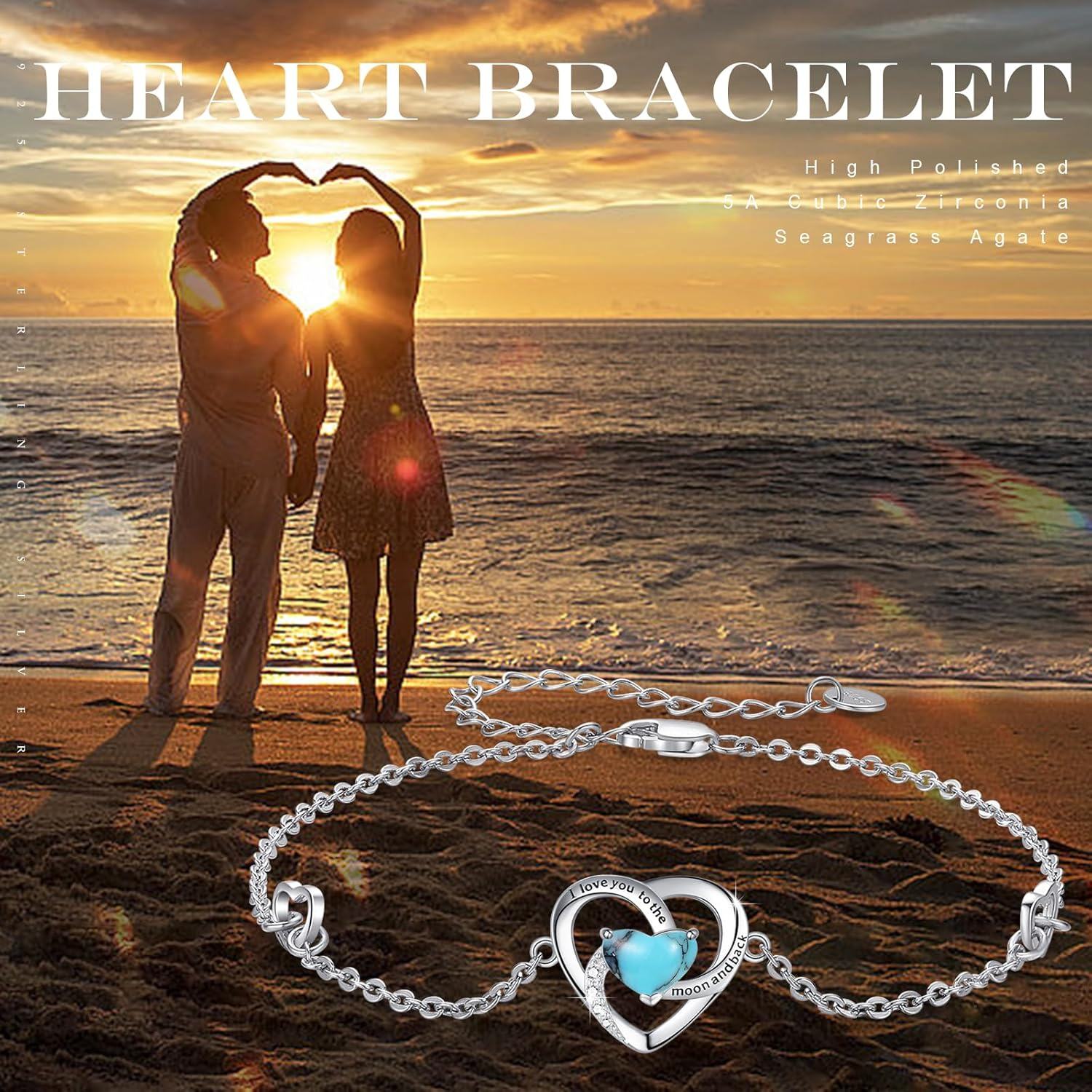 wholesale 925 Sterling Silver Turquoise & Opal Heart Anklet - I love you to the moon and back Adjustable Valentines Day Gifts for Her-0-6