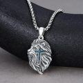 wholesale 925 Sterling Silver Turquoise Stone Aztec Lion Head Cross Pendant Necklaces for Men-0-1
