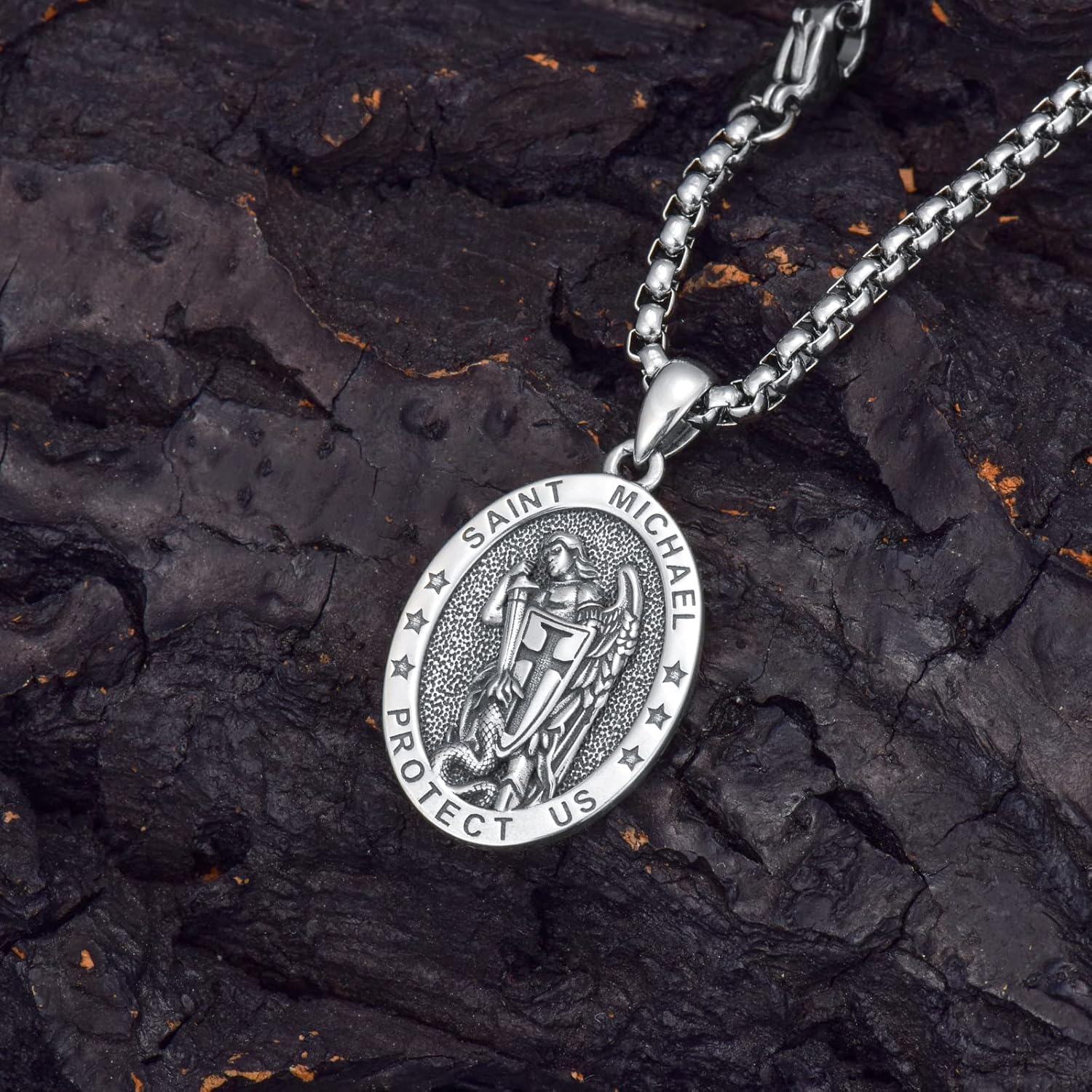 Sterling Silver Oval St Michael St Christopher Medal Archangel Cross Necklace w 22 +2 Chain-0-4