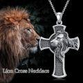 wholesale 925 Sterling Silver Cross Pendant Necklace for Men with Lion Head Satan Crucifix Ankh Charm on 3mm Cable Chain (Length: 64cm)-0-3
