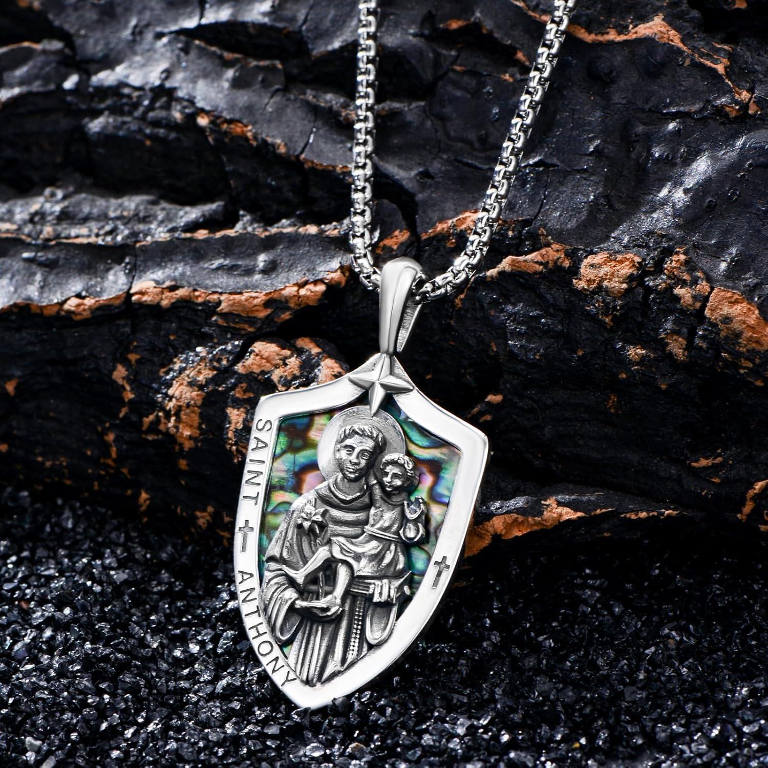 925 Sterling Silver Saint Anthony Shield-Shaped Shell Inlay Religious Pendant Necklace-0-4