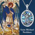 wholesale 925 Sterling Silver St. Michael Pendant with Abalone Shell and Dragon Design on Oval Shape Medallion - Protect Us Charm Necklace (22+2)-0-3