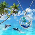 wholesale 925 Sterling Silver & Birthstone Dolphin Pendant Necklace with Palm Tree Ocean Wave, 20x20mm, 18+2 Adjustable Chain, Gift for Women-0-1
