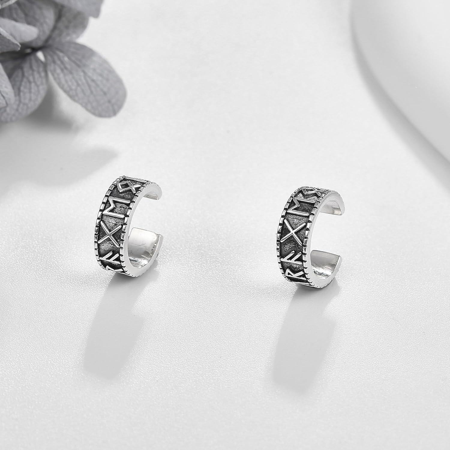 wholesale 925 Sterling Silver Norse Runes Viking Hoop Earring - No Piercing Needed-0-2
