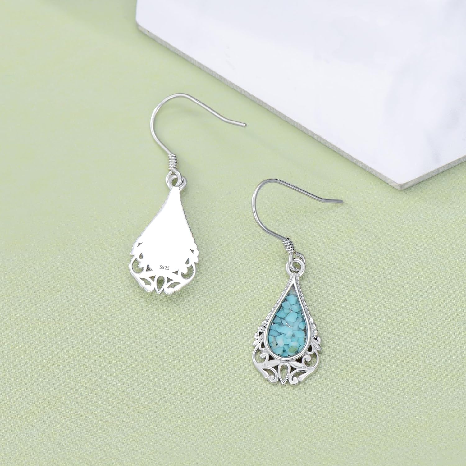 wholesale 925 Sterling Silver Teardrop Shape Turquoise & Malachite Inlay Drop Earrings-0-2