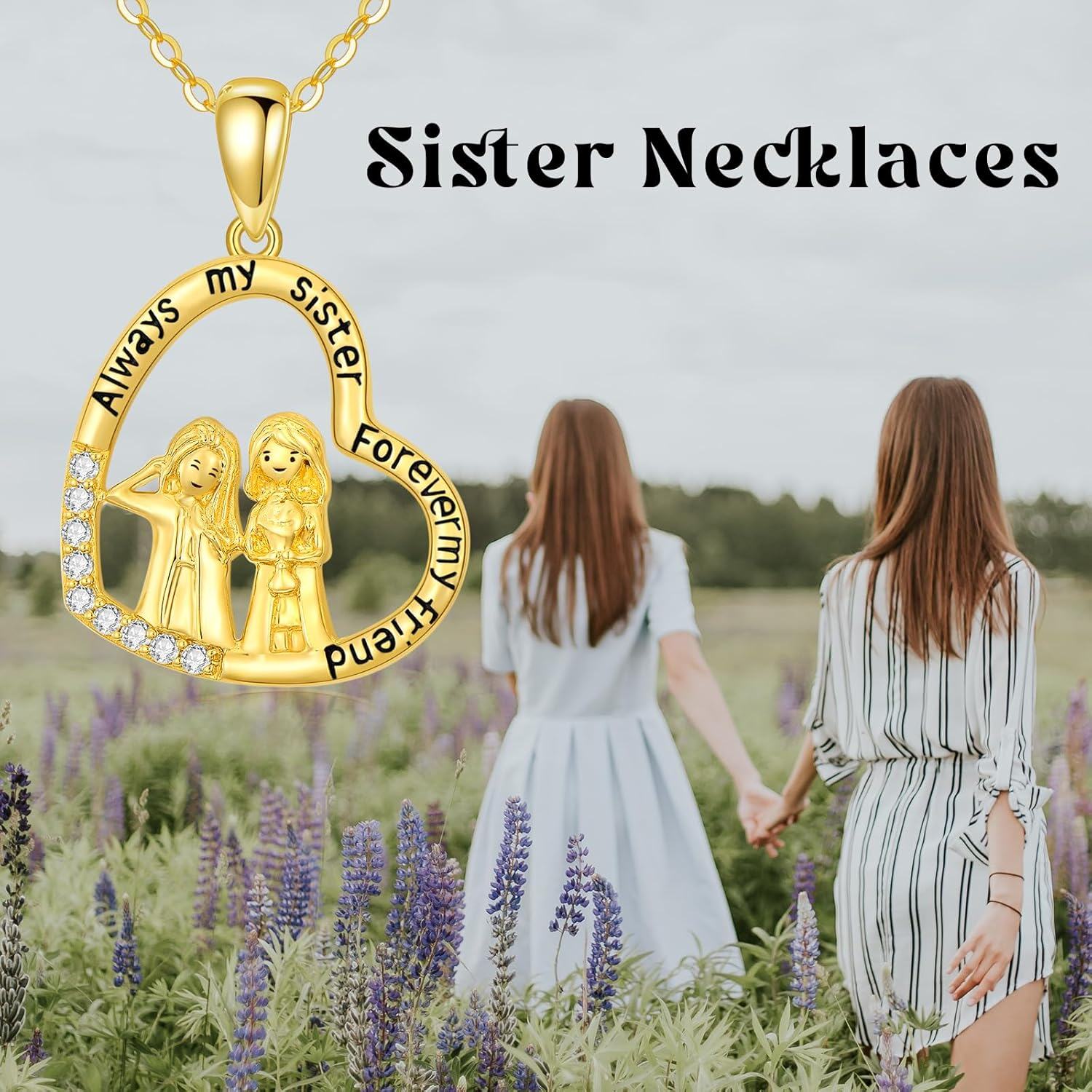 wholesale 14K Gold Heart Pendant Necklace with Sisters and Sunflower Charm for Mom or Daughter - Mothers Day s-0-2