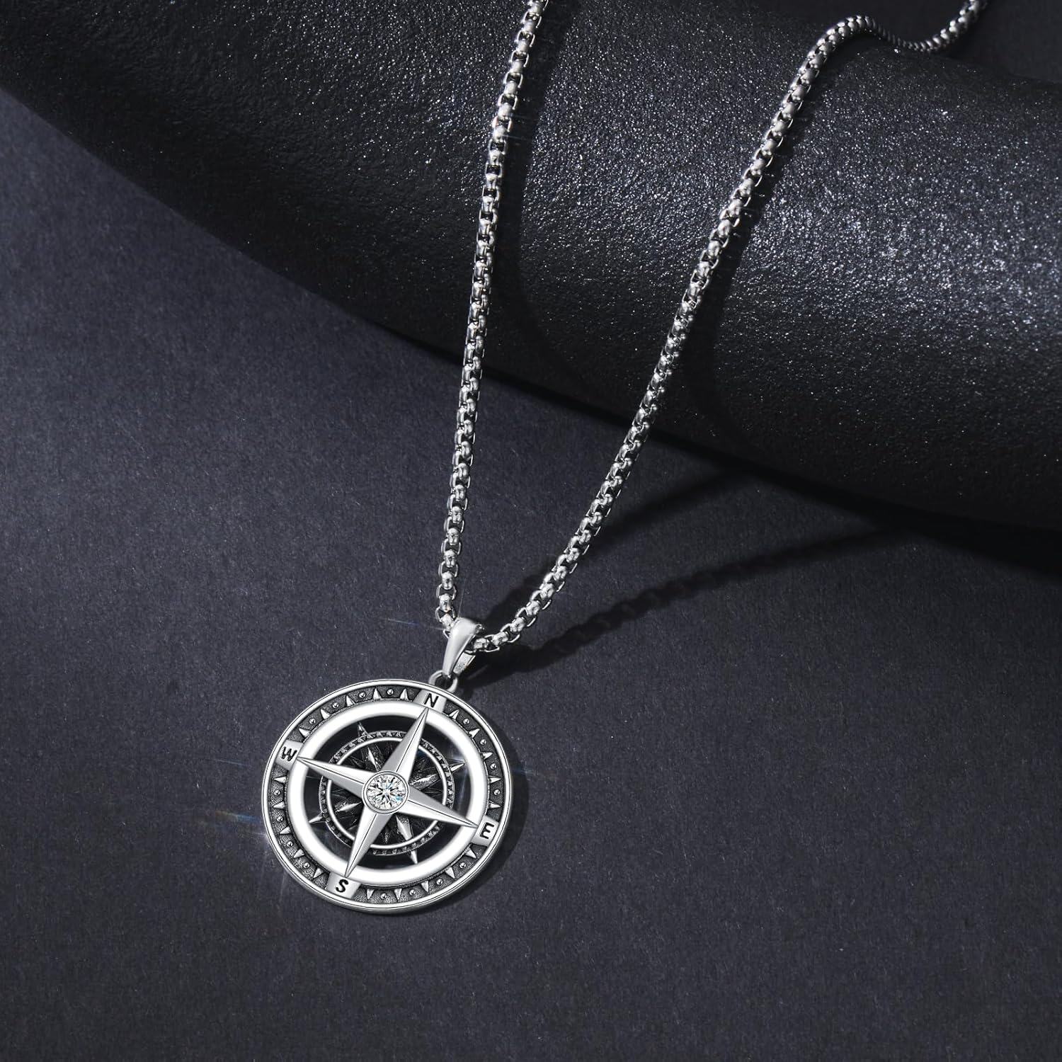 Sterling Silver Compass Necklace with Celtic Knot Skull World Map Pendant-0-3