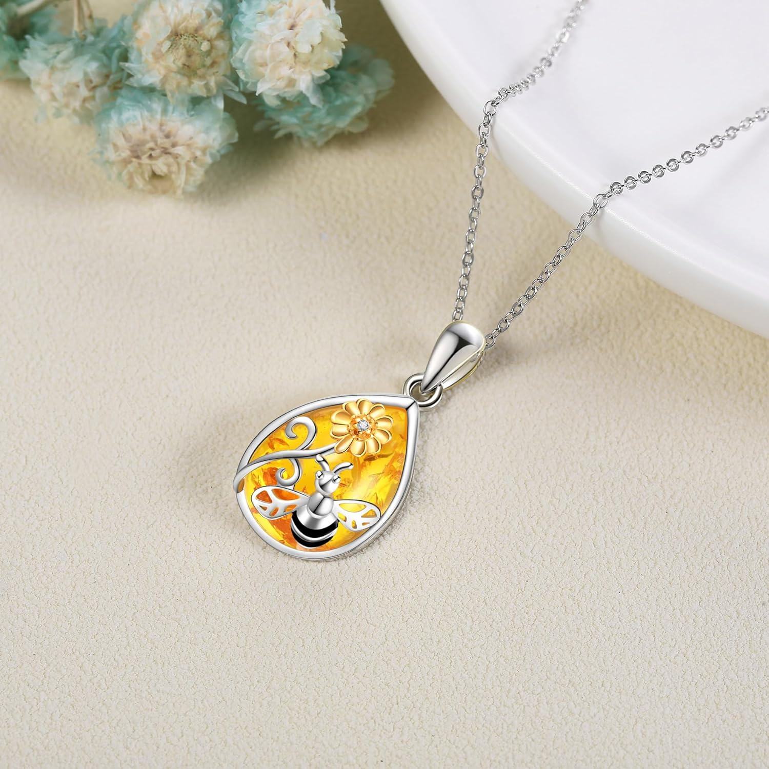 Sterling Silver Amber Pendant Necklace for Women-0-2