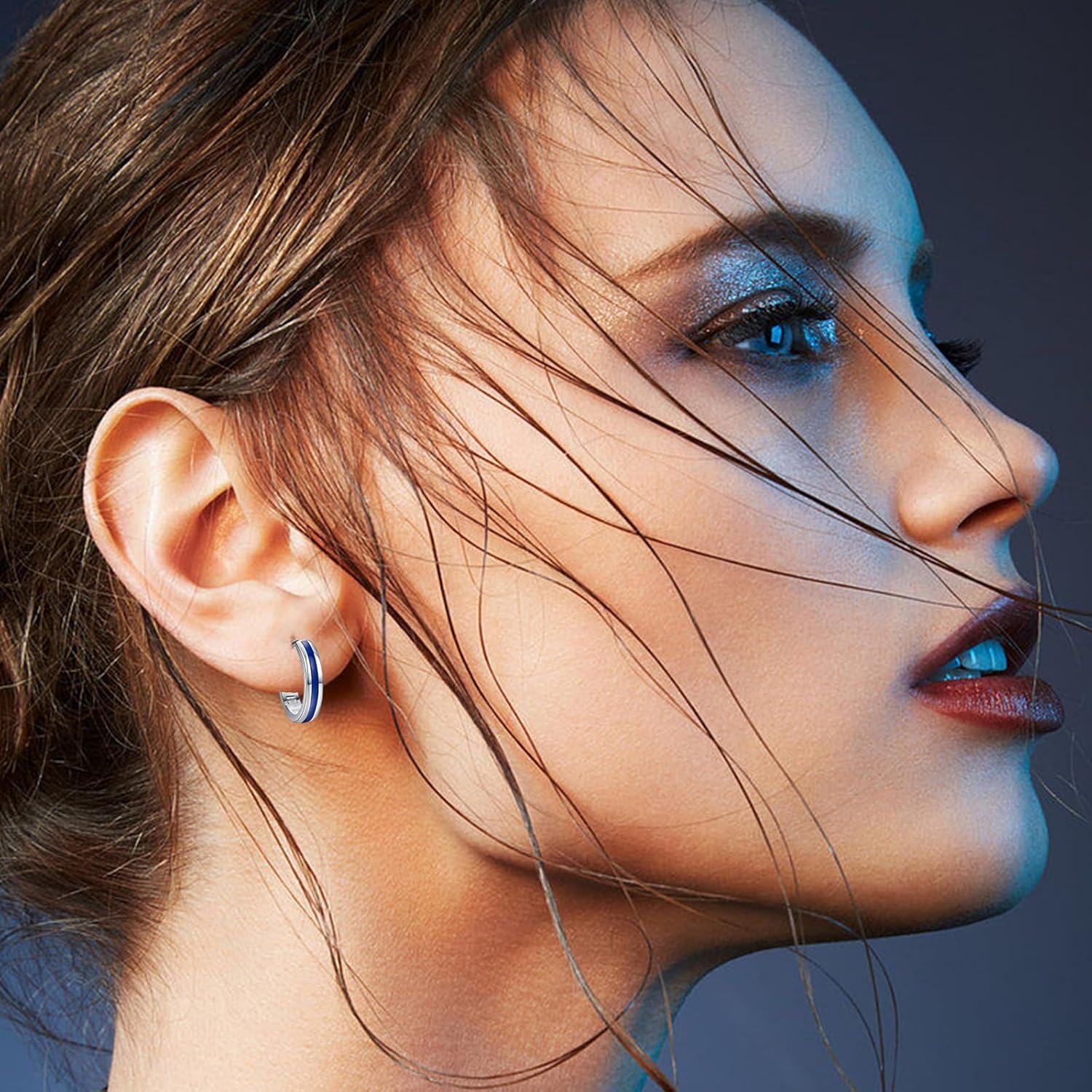 Sterling Silver Blue Opal Huggie Hoop Earrings for Men Women-0-4