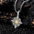 wholesale 925 Sterling Silver Compass Pendant - Mens Norse Viking Jewelry with Rune Symbols and Gold Accents -0-2