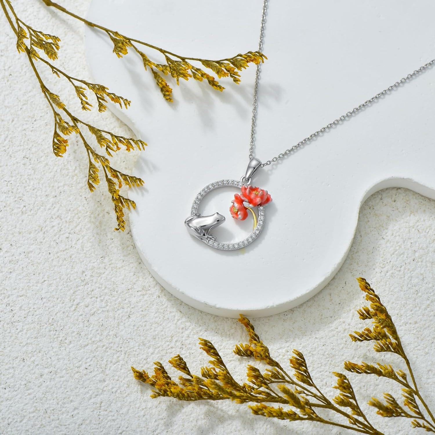 925 Sterling Silver Flower and Frog Charm Pendant Necklace with Red Enamel Accents-0-3