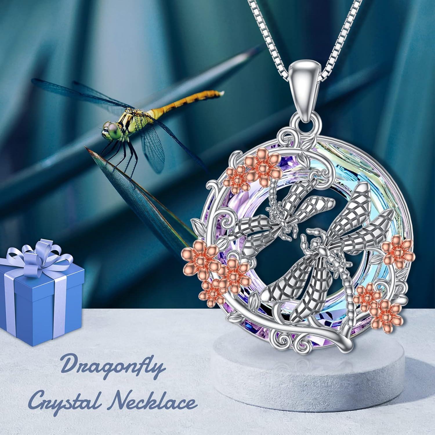 wholesale 925 Sterling Silver Dragonfly and Flowers Pendant Necklace - Cute  for Women-0-1