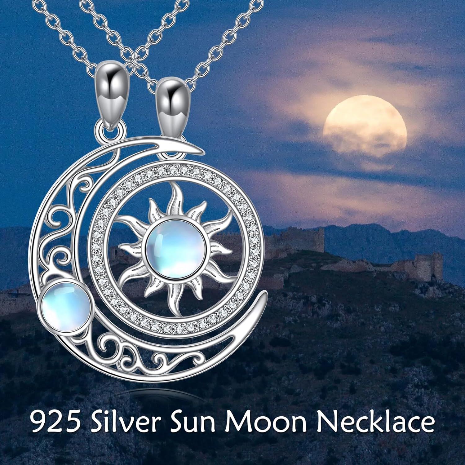Sterling Silver Couples BFF Necklace w Cross Yin Yang Sun Moon Mountain Wave Pendant-0-6