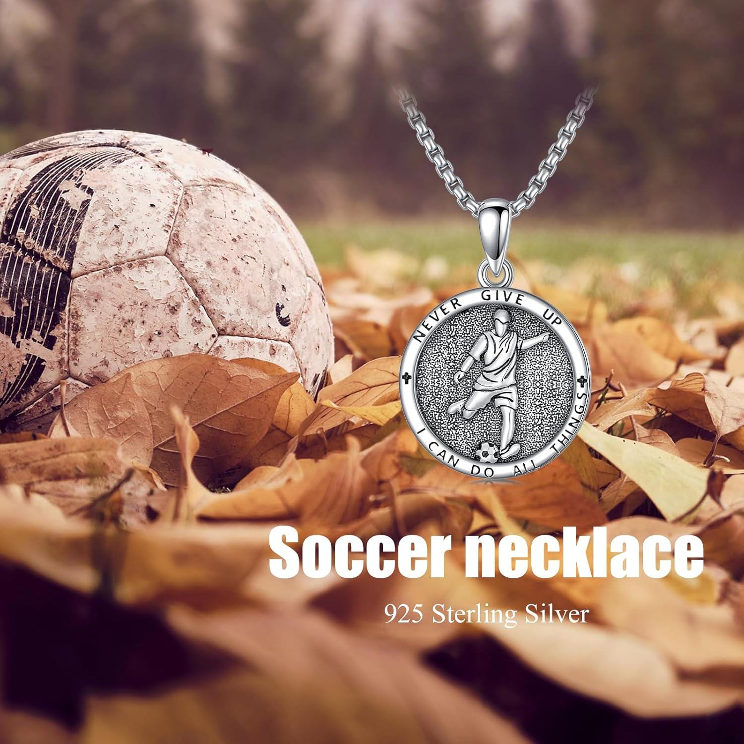 wholesale 925 Sterling Silver Soccer Pendant Necklace with Motivational Quote Never Give Up - Sport Lover's  for Him-0-4