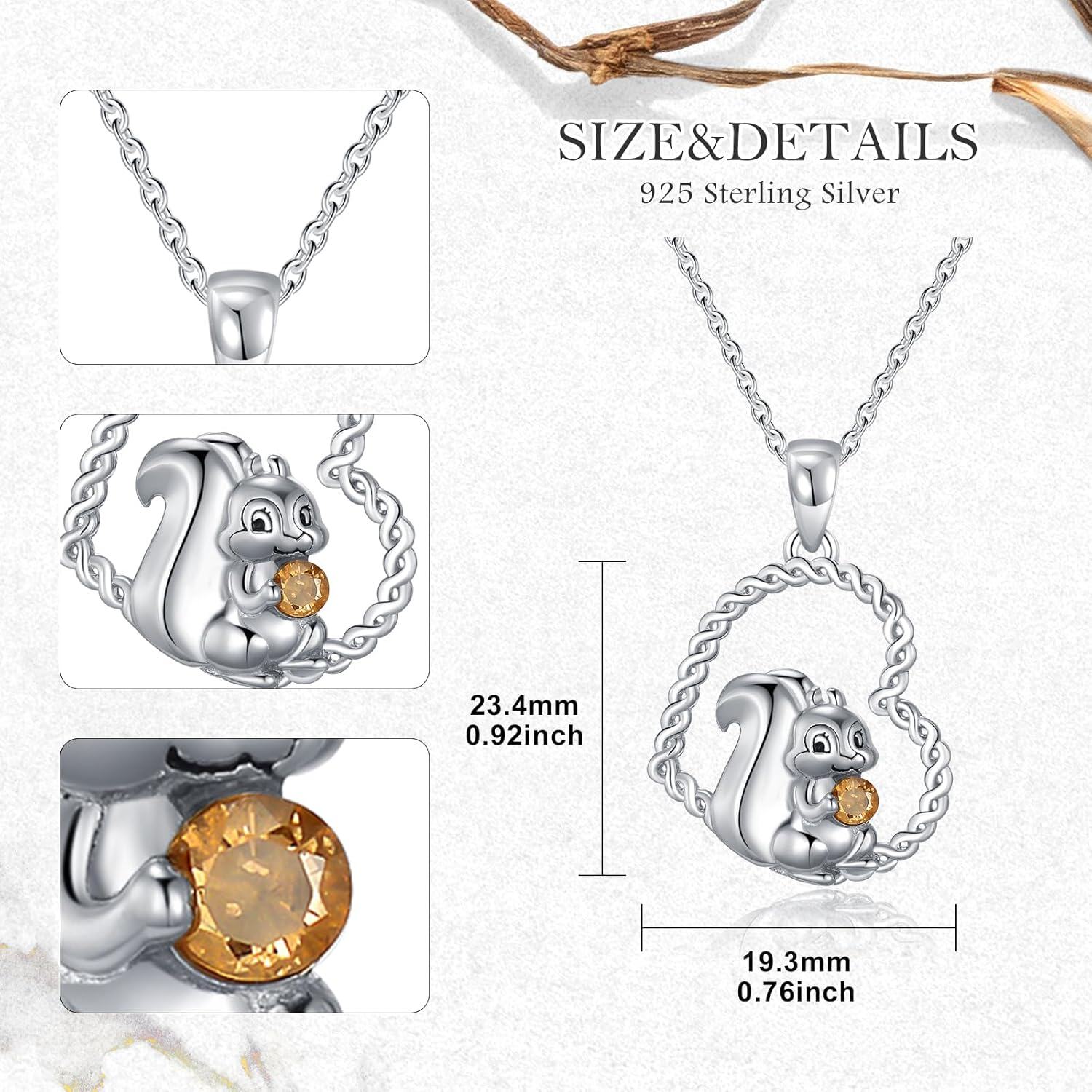 925 Sterling Silver Squirrel Pendant Necklace with Citrine Gemstone and Twisted Rope Chain for Women Girls  43cm Length-0-4