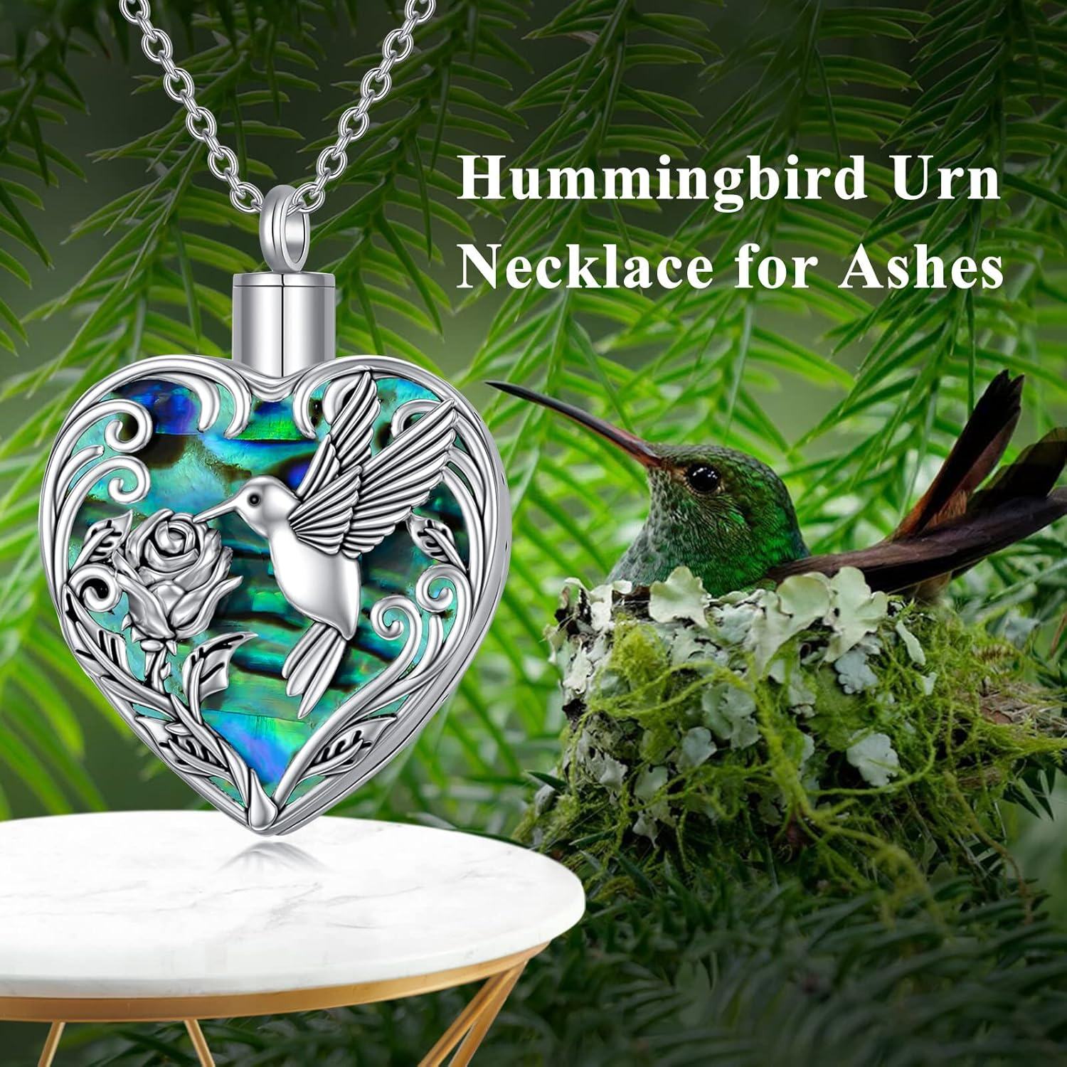  Sterling Silver Heart Hummingbird Urn Necklace for Ashes Memorial Keepsake -0-5