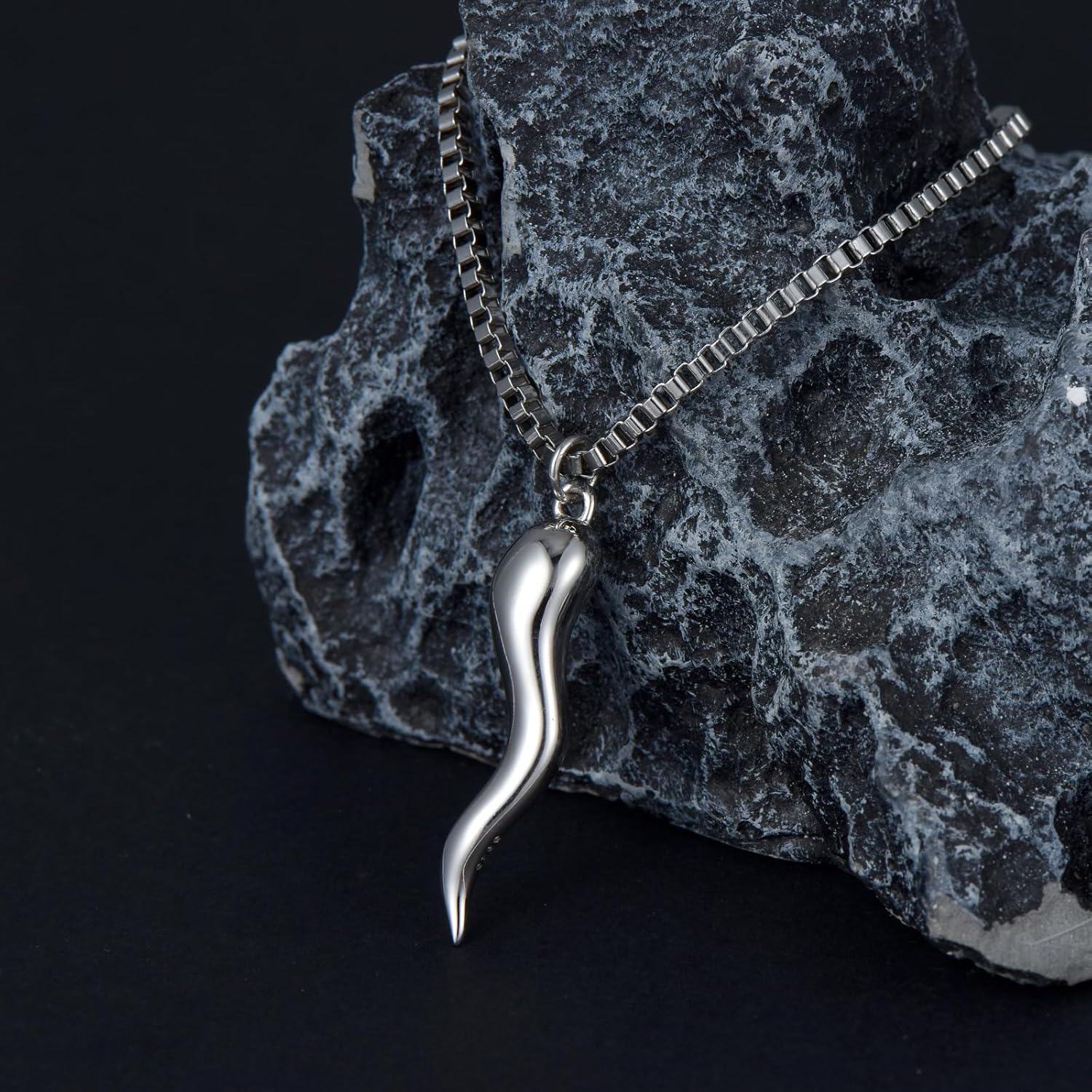 Sterling Silver Italian Horn Necklace for Men Women Lucky Cornicello Charm Pendant with Chain Italy Jewelry Gift-0-4