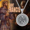 wholesale 925 Sterling Silver Round Pendant with Saint Francis Design and Greek Key Border - 3D Relief Protection Charm Necklace for Men Women Boys Girls  (Silver)-0-5