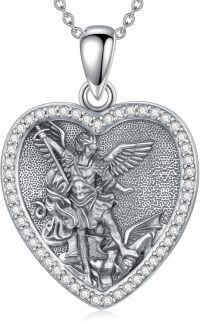 wholesale 925 Sterling Silver Heart Saint Necklace with Angel Amulet Medal Jewelry for Women (with Gift)-A01-Saint Michael(White Stone)