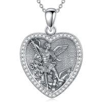 wholesale 925 Sterling Silver Saint Michael Archangel Heart Pendant Necklace With Cubic Zirconia For Women-A01-Saint Michael(White Stone)