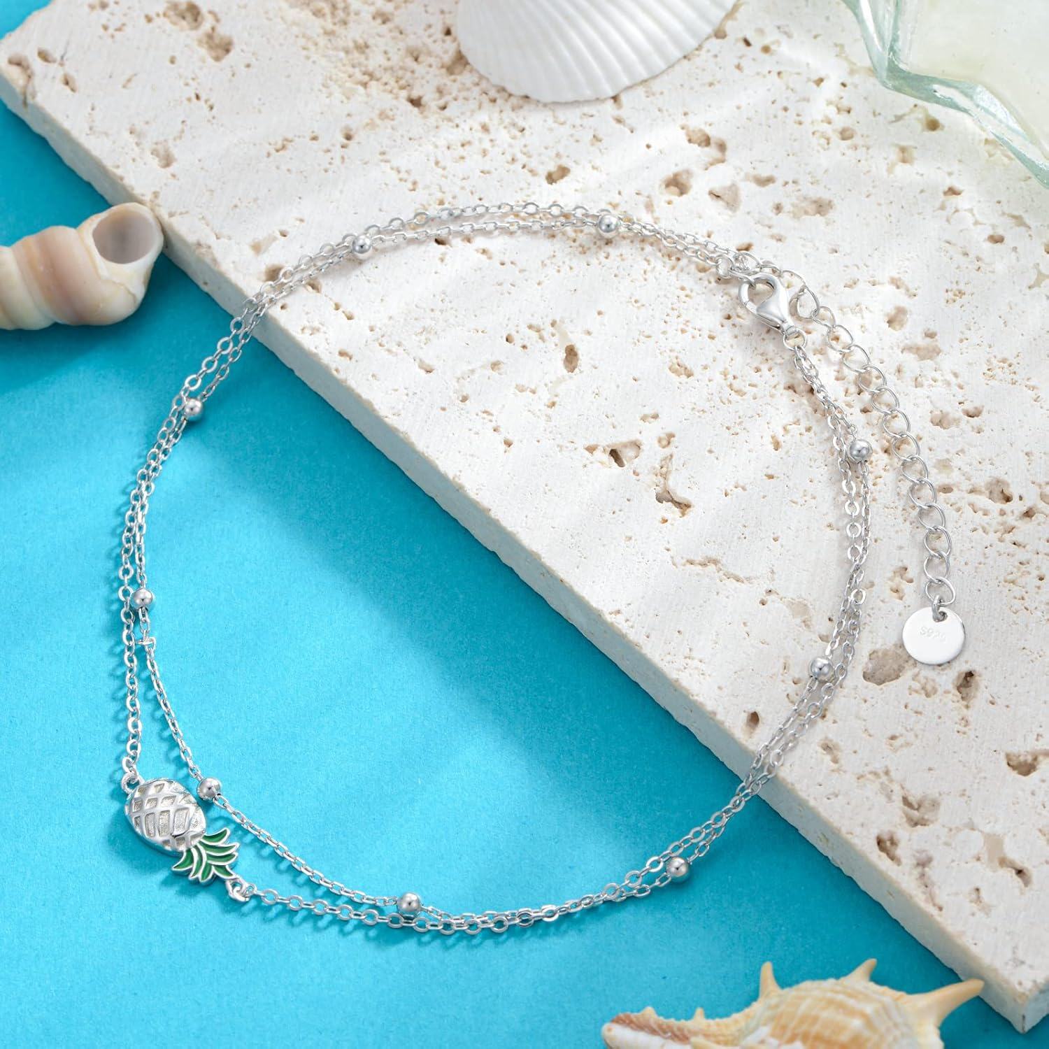  Sterling Silver Nature Charm Bracelet w Pineapple Dragonfly Butterfly Daisy Highland Cow Adjustable Anklet Anniversary Birthday Gift -0-4