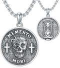 wholesale 925 Sterling Silver Round Skull Pendant Necklace with Hourglass and Crosses - Memento Mori Gothic  for Men & Women-0-0