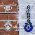 wholesale 925 Sterling Silver Metal Evil Eye Hamsa Hand Necklace with Blue Crystal and Flower Design-0-1